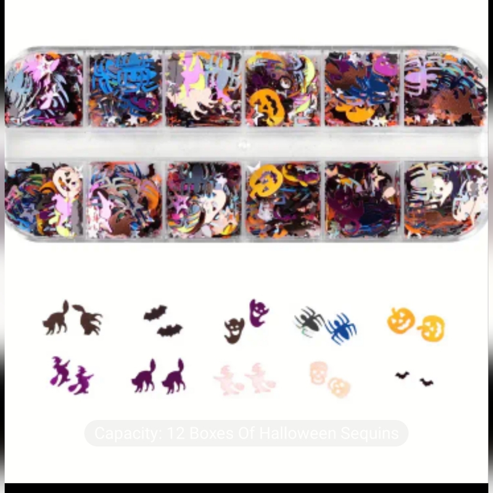 12 Grid,Halloween Nail Glitter Sequin,Pumpkin Skull Bat Ghost Nail Glitter Flake